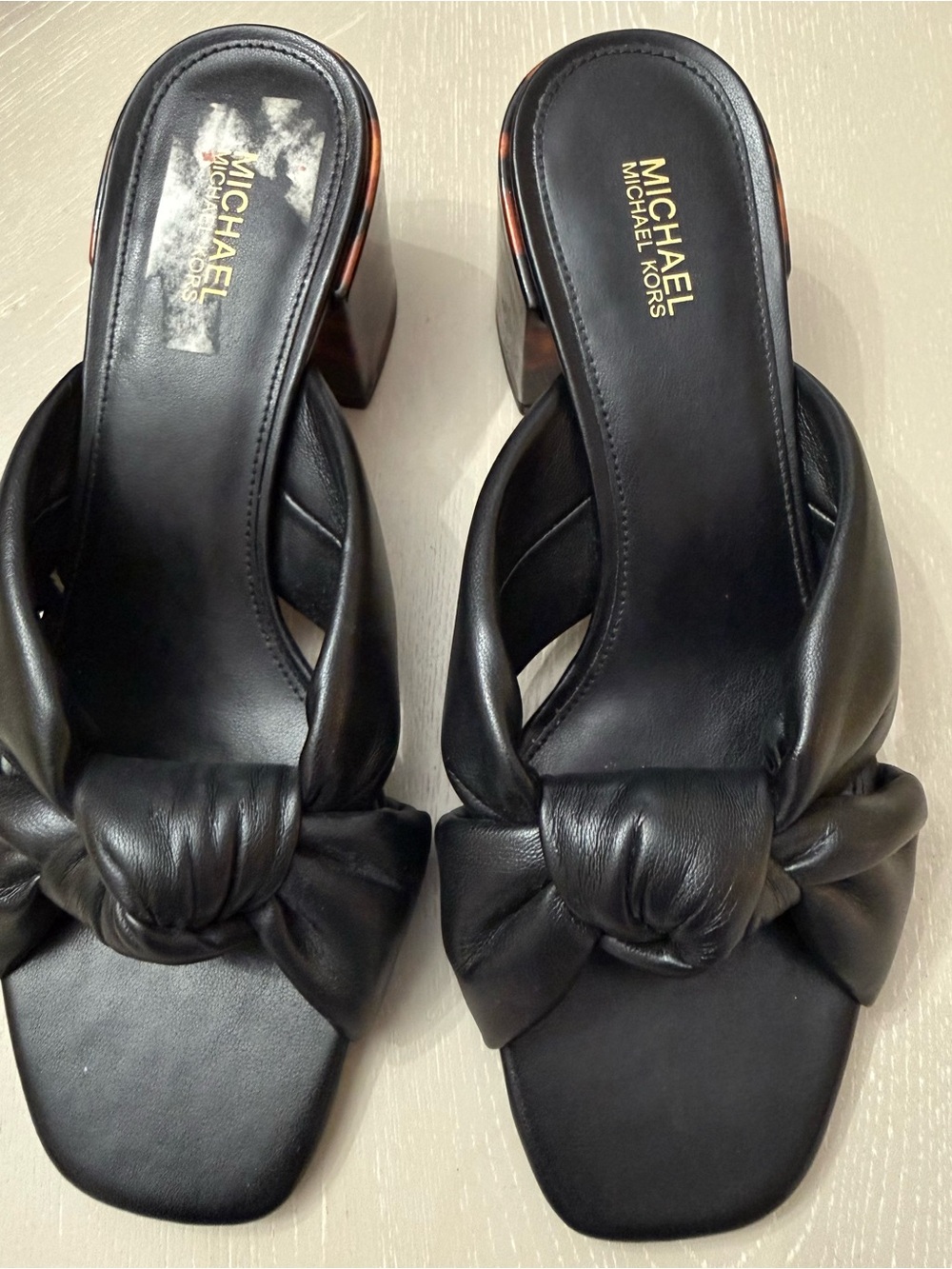 Michael Kors Black Knotted Leather Block Heel Sandals